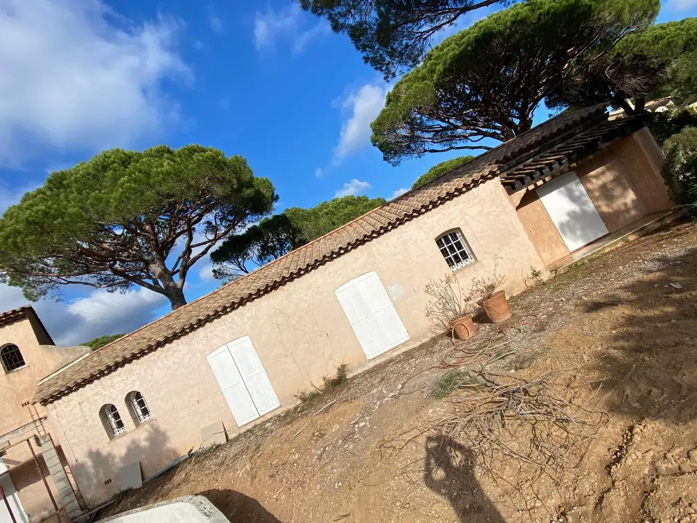 Façade de la villa sous les pins parasols